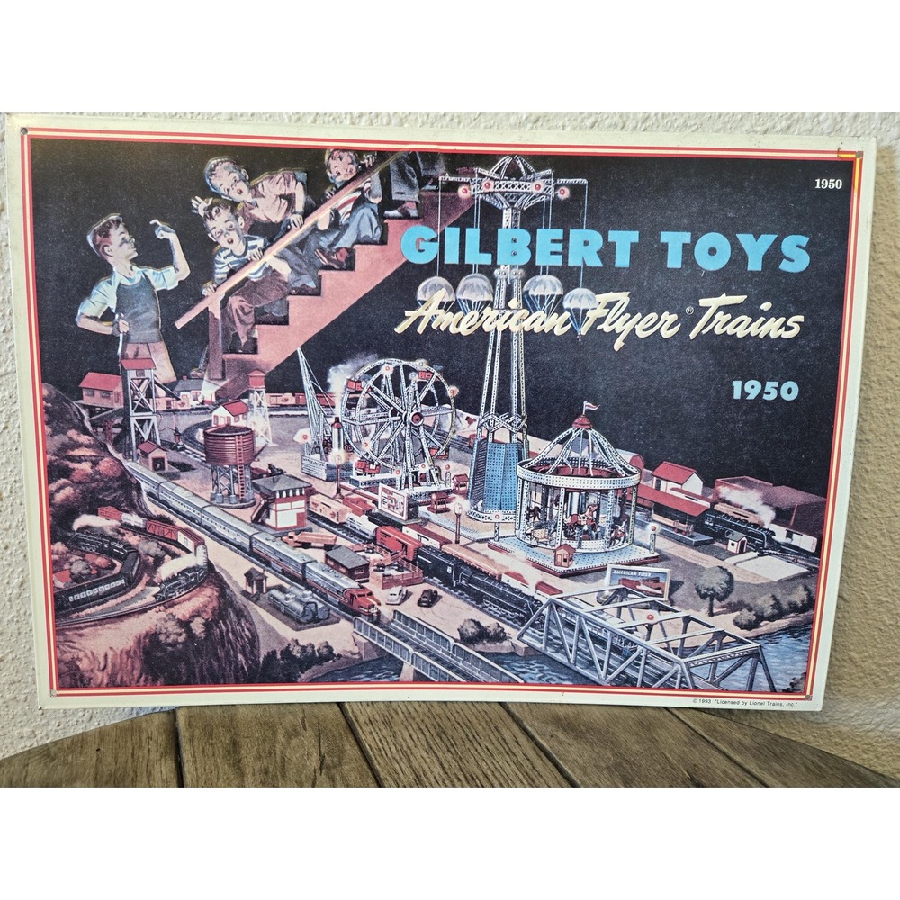 Vintage Gilbert Toys American Flyer Trains Metal Sign 1950 Replica Advertisement